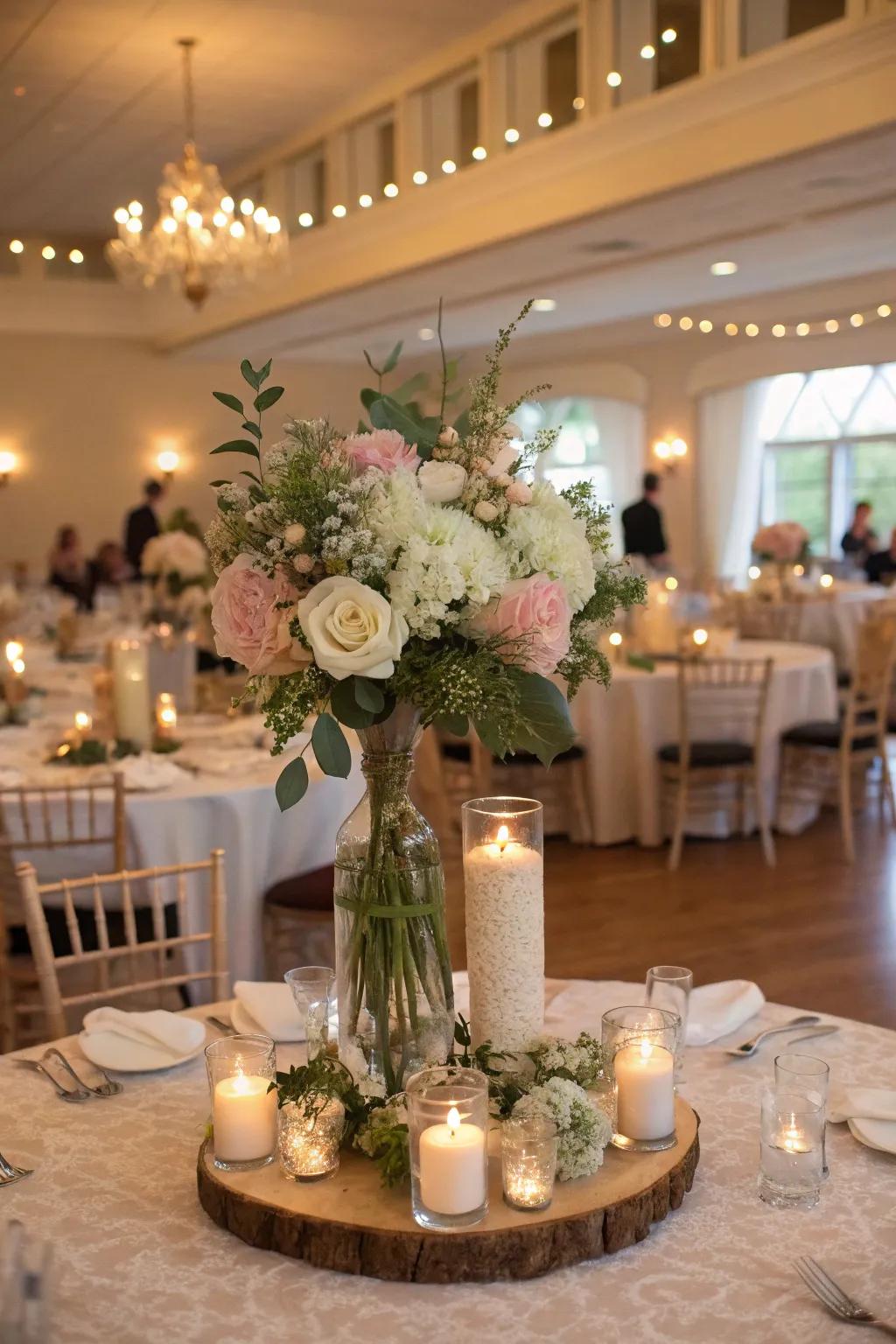 Bridesmaid bouquets cleverly reused as table centerpieces.