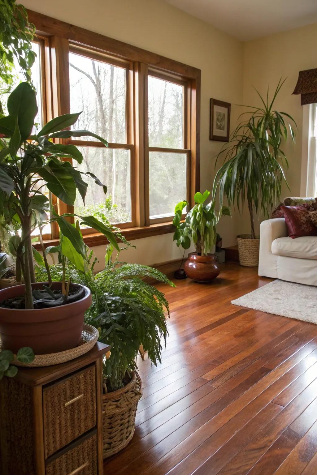 Greenery adds vibrancy and life to cherry wood-floored rooms.