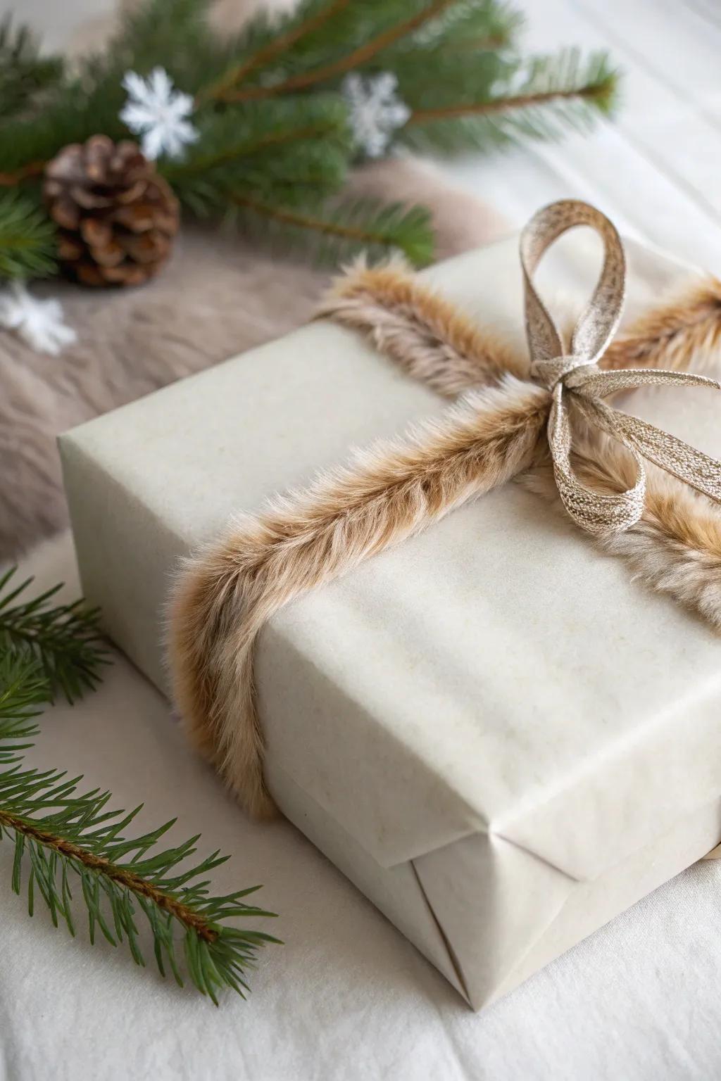 Unique and cozy gift wrapping with faux fur trim.