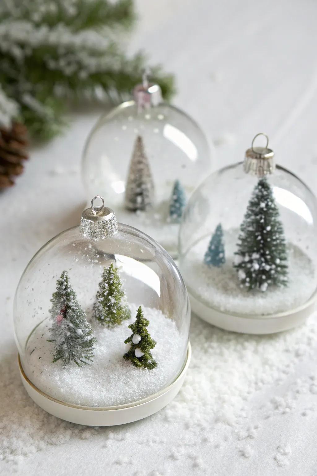 Mini snow globe ornaments with snow and trees.