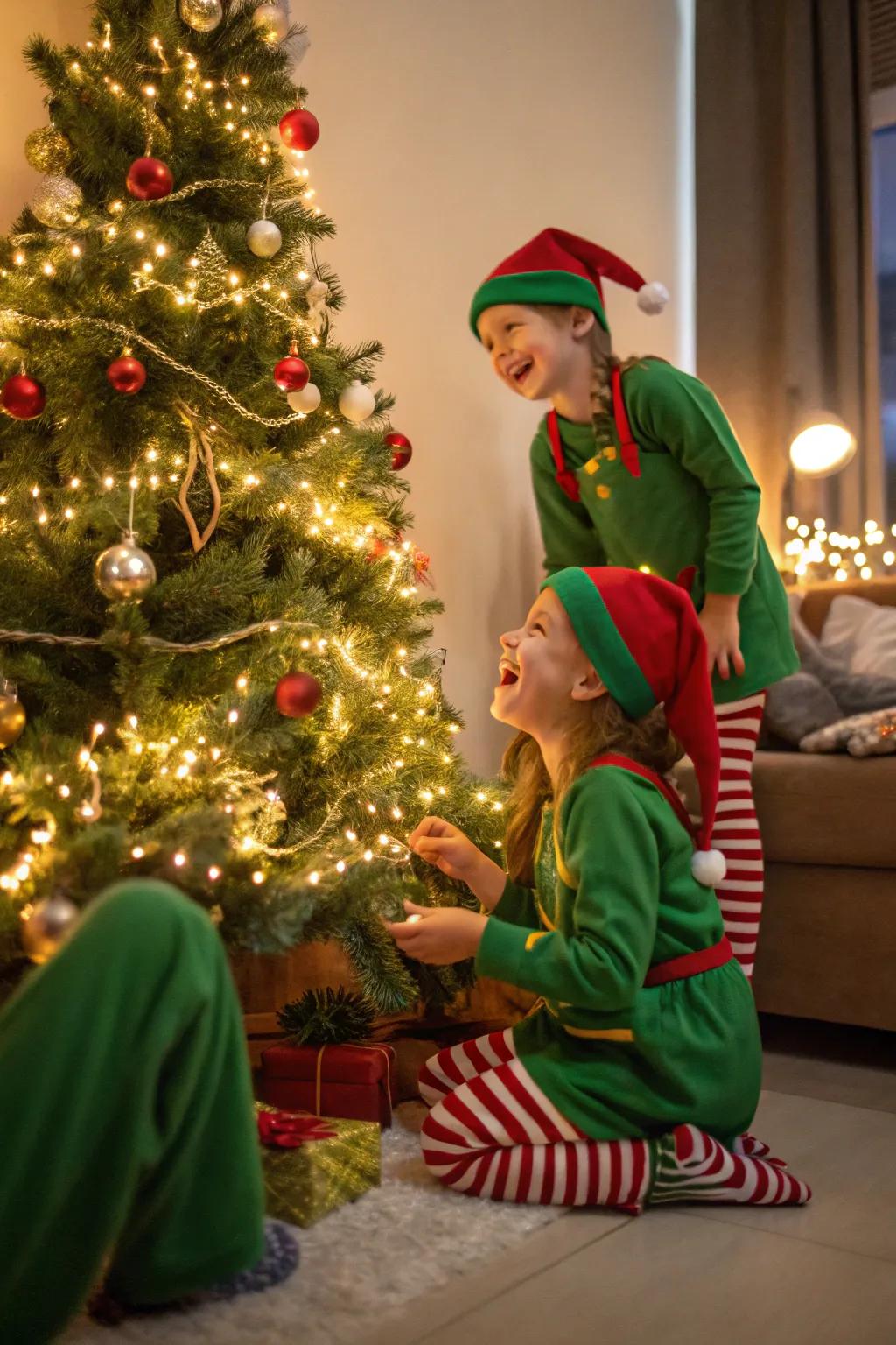 Kids dressed as elves having fun by the tree.