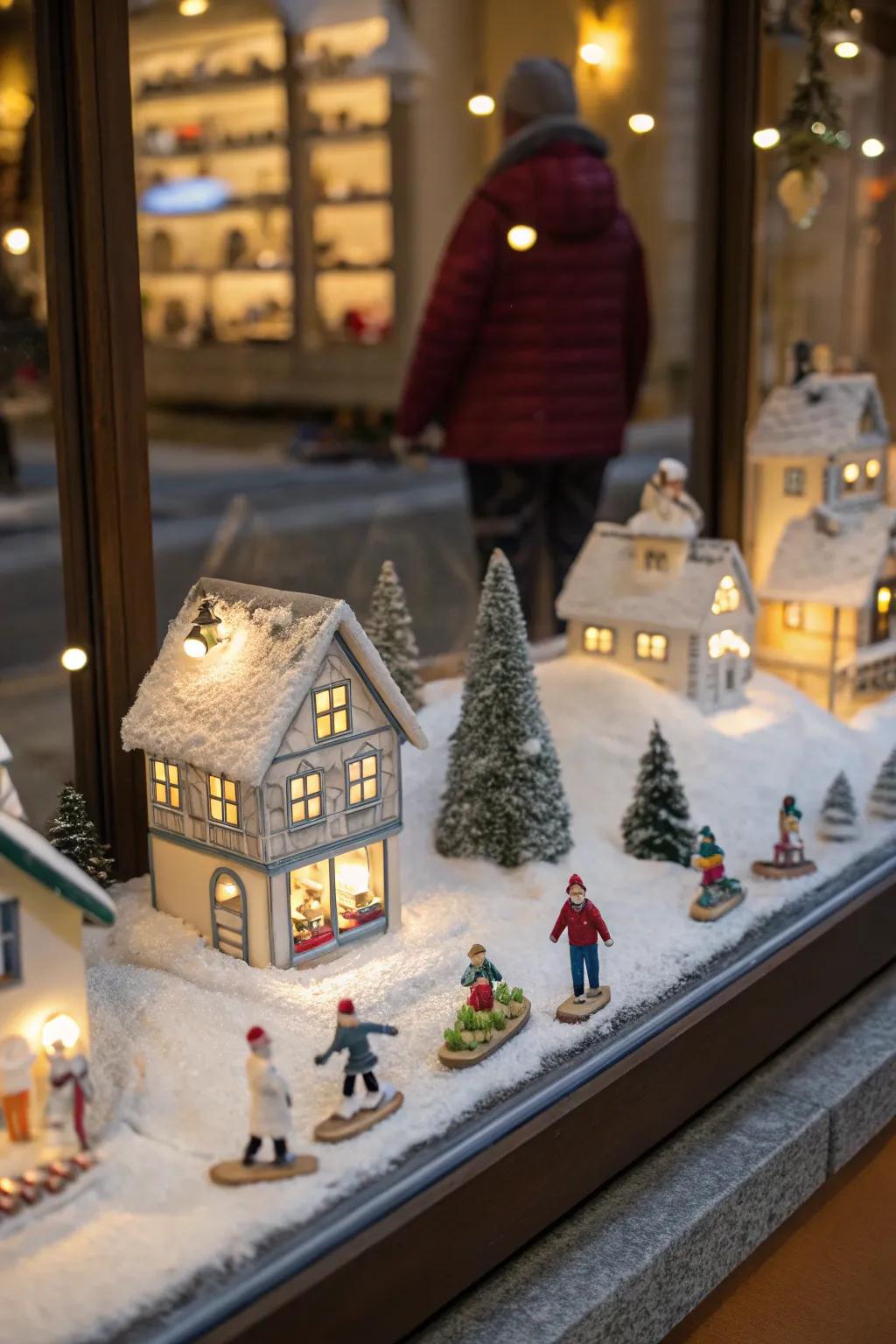 A miniature festive village creates a captivating window scene.