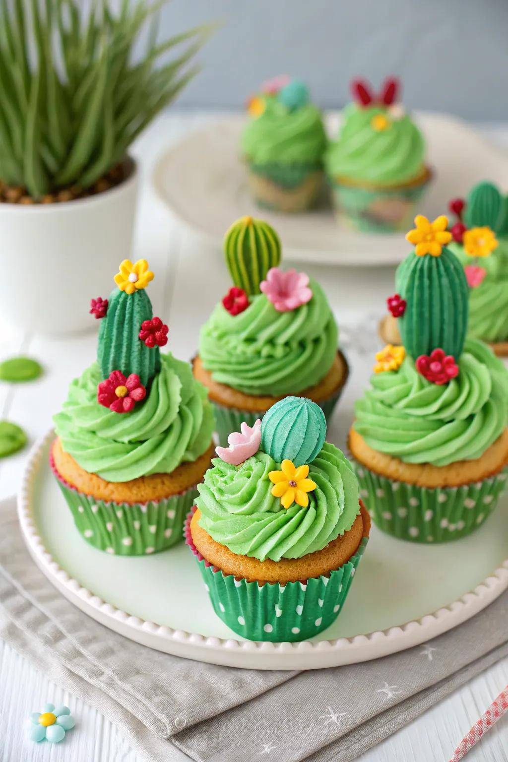 Delight guests with these cute cactus cupcakes.