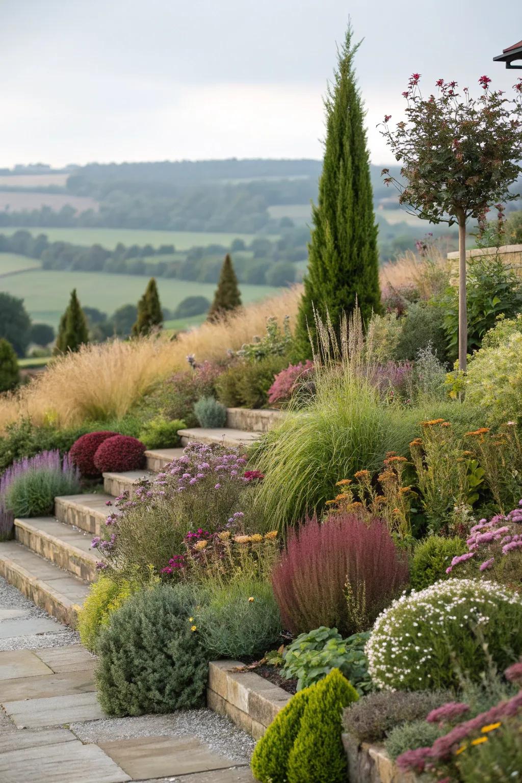 Layered planting adds depth and richness to a coastal garden.