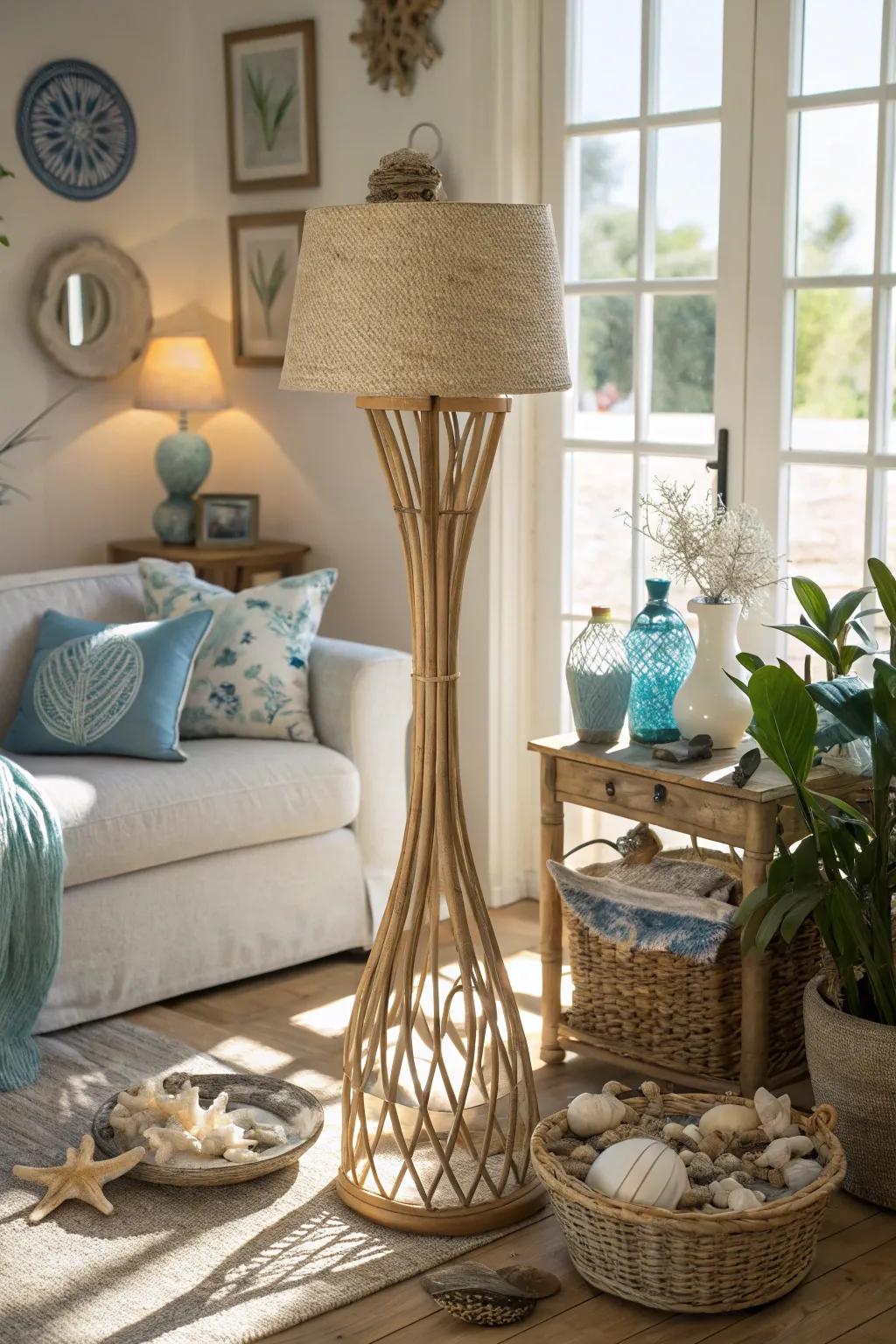 Rattan floor lamps provide both height and warmth to any coastal setting.