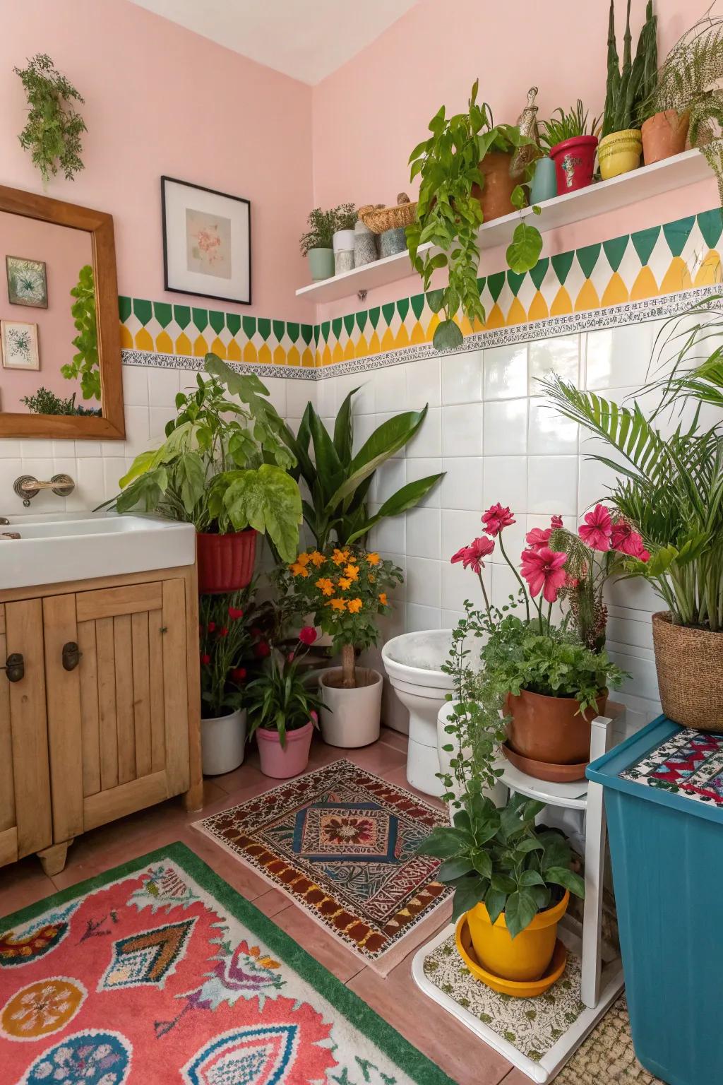Vibrant plants add a touch of nature to this colorful powder room.