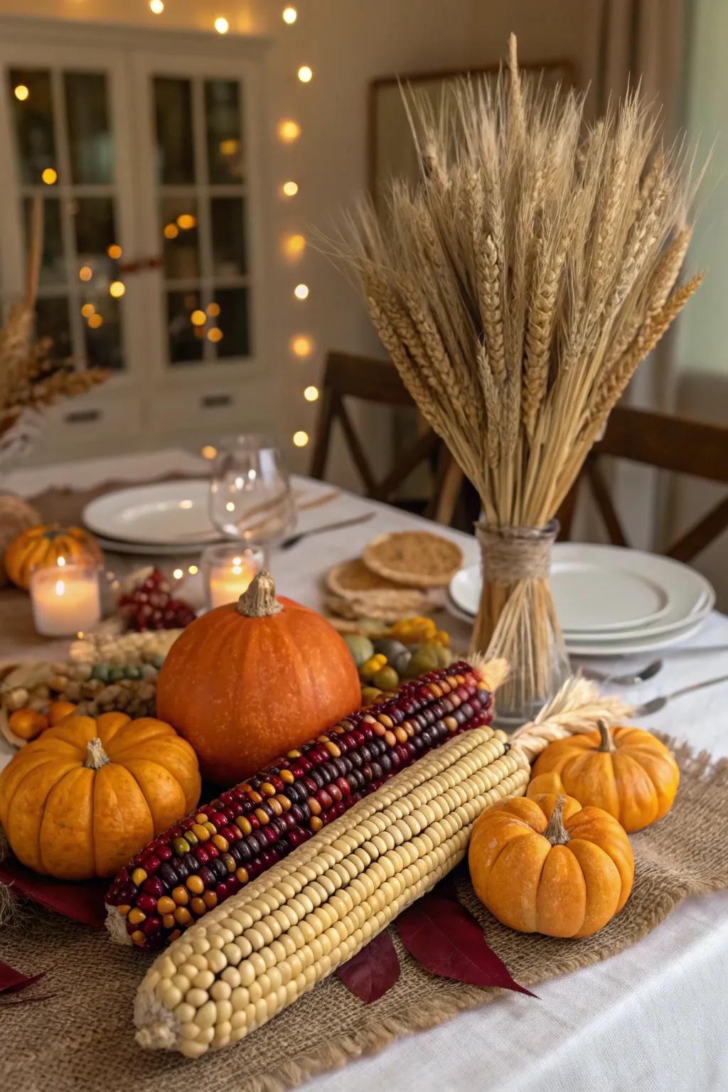 Thanksgiving harvest display with corn and pumpkins.