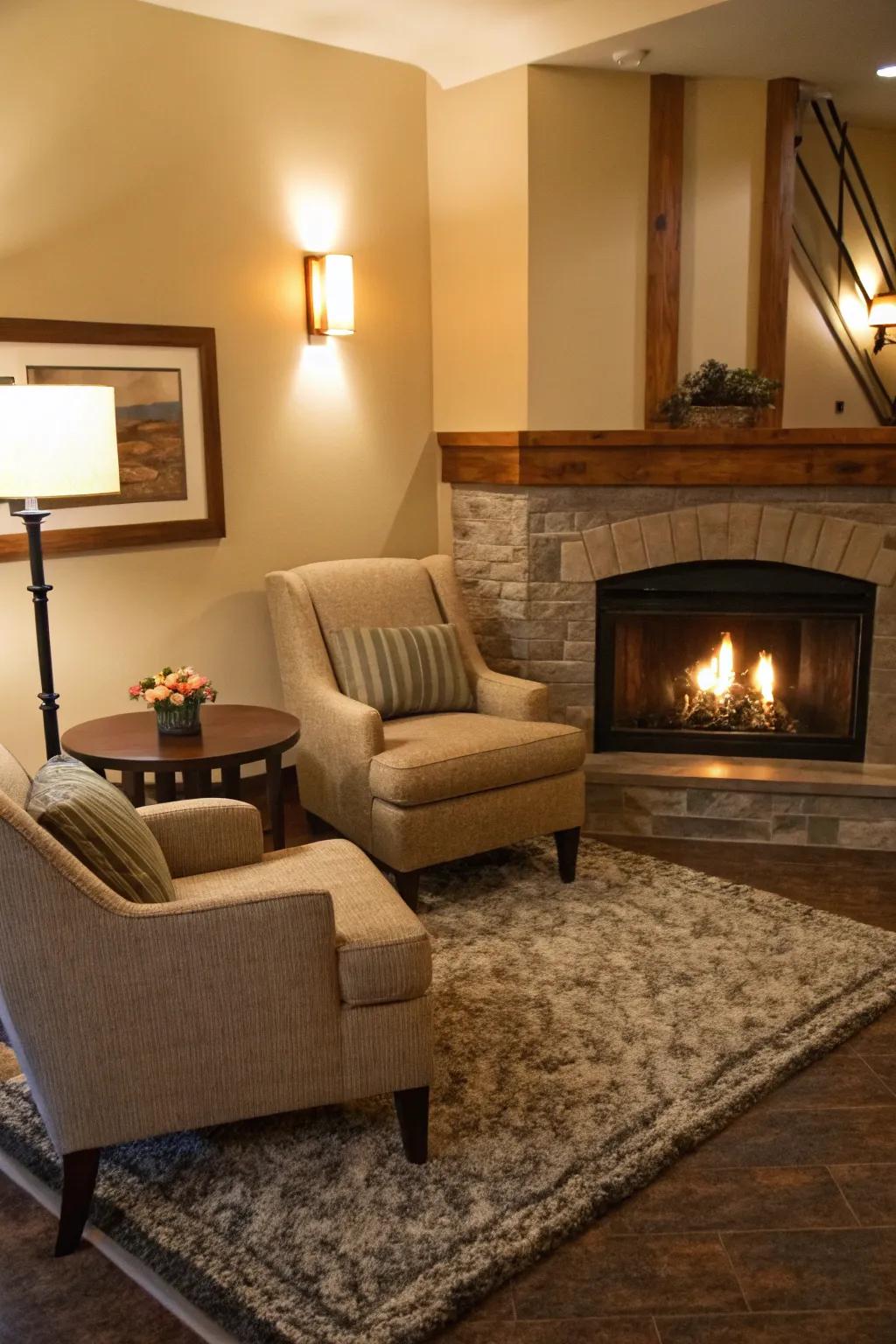 A cozy seating arrangement around a corner fireplace.