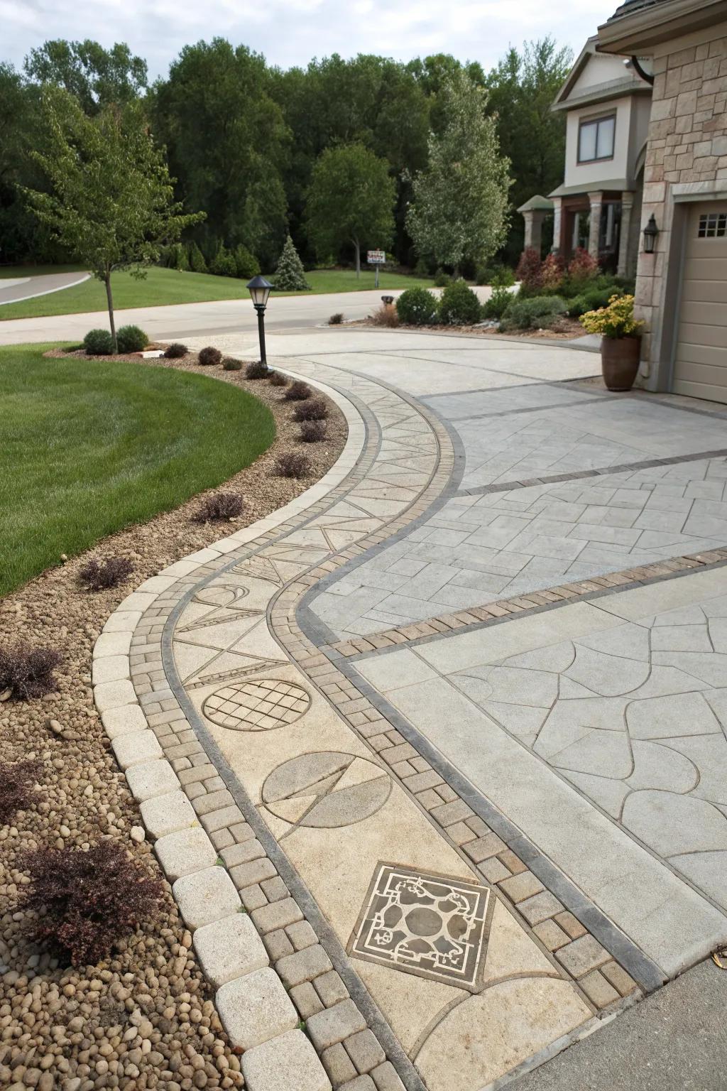 Creative stone and concrete patterns enhancing driveway appeal.