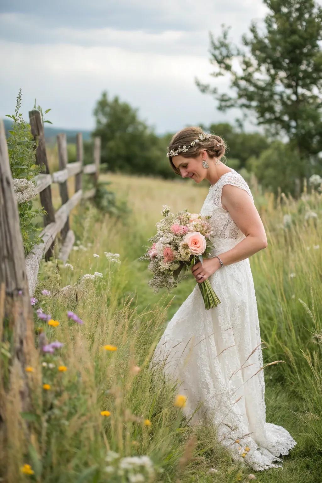 A bride looking stunning in a casual lace wedding dress set against a country backdrop.