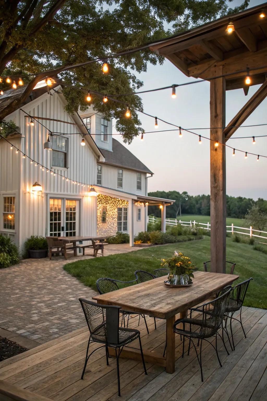 Blend wood and metal for a cozy, farmhouse-inspired patio.