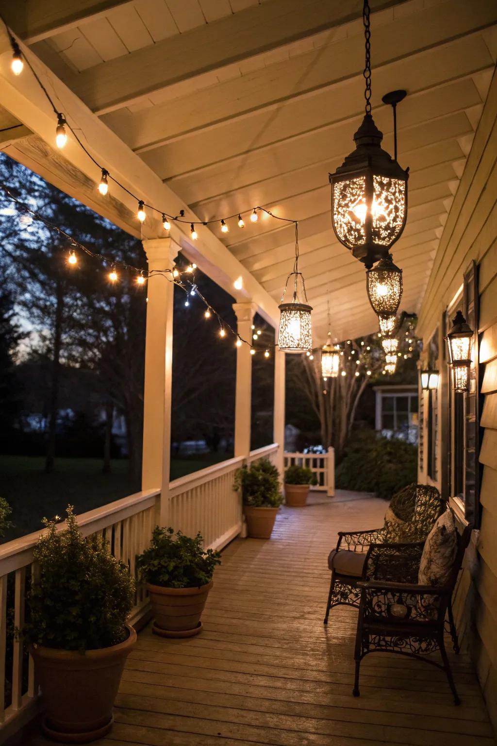 Decorative lighting transforms the porch into a nighttime haven.