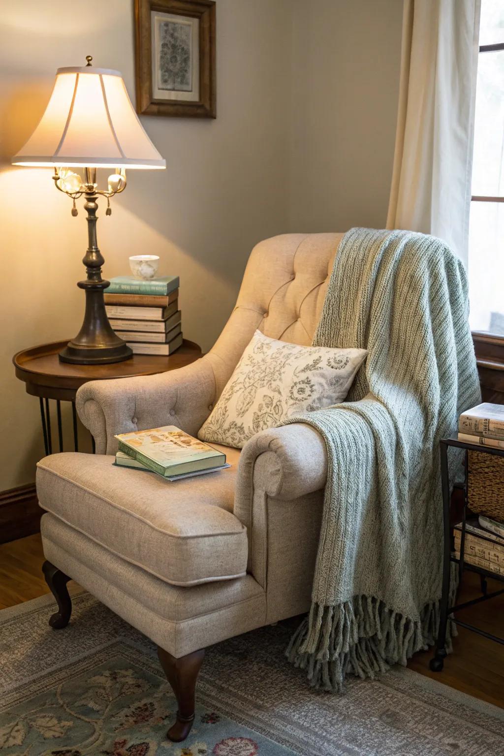 A reading nook provides a perfect spot to unwind and relax.