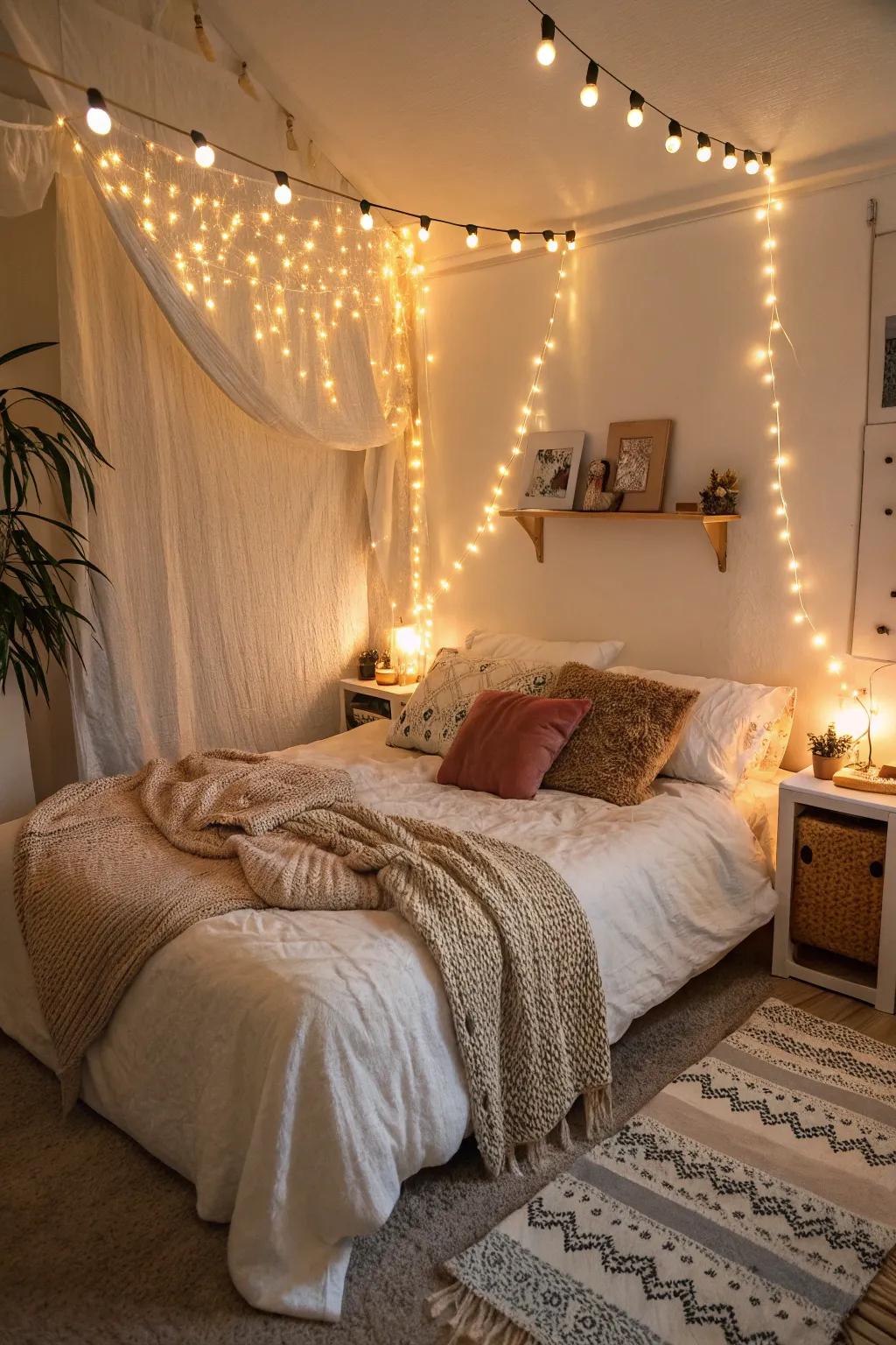 Warm lighting enhances the cozy ambiance of small bedrooms.