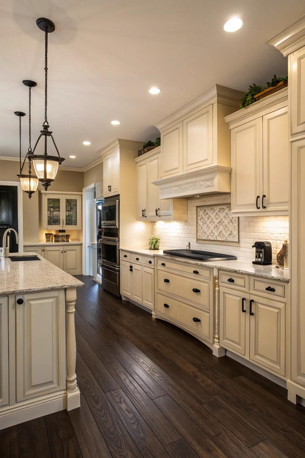 Dark contrasts enhance cream kitchens.