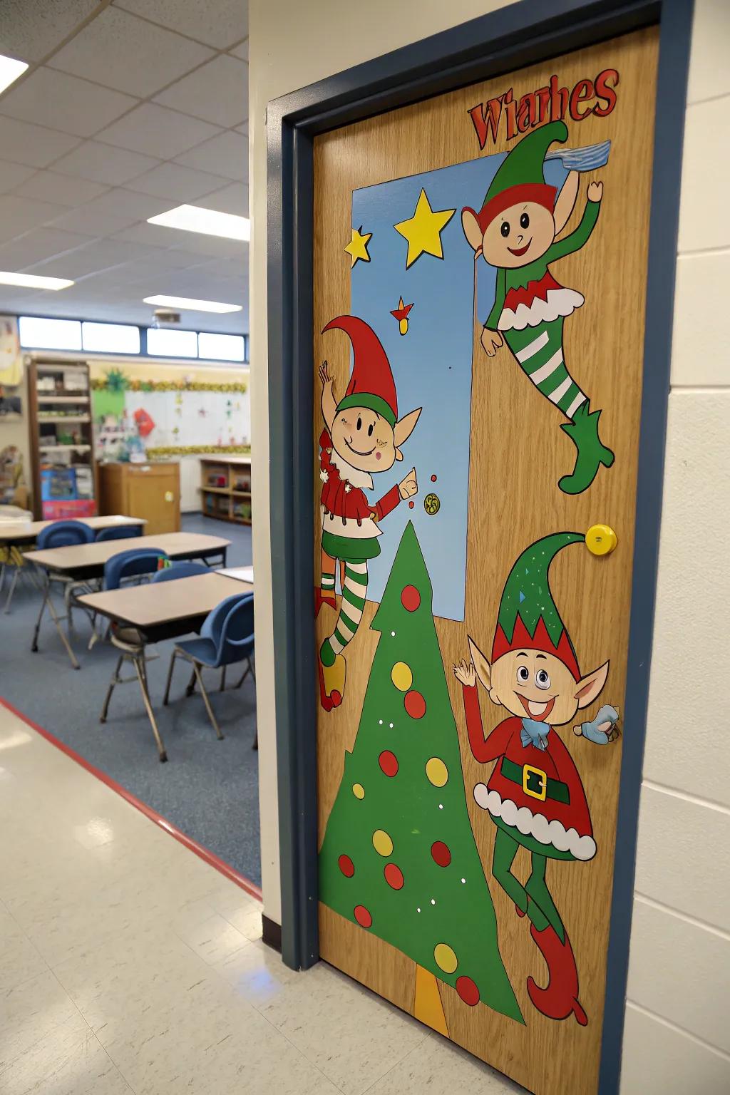 A classroom door filled with playful elves, bringing a touch of magic and mischief.