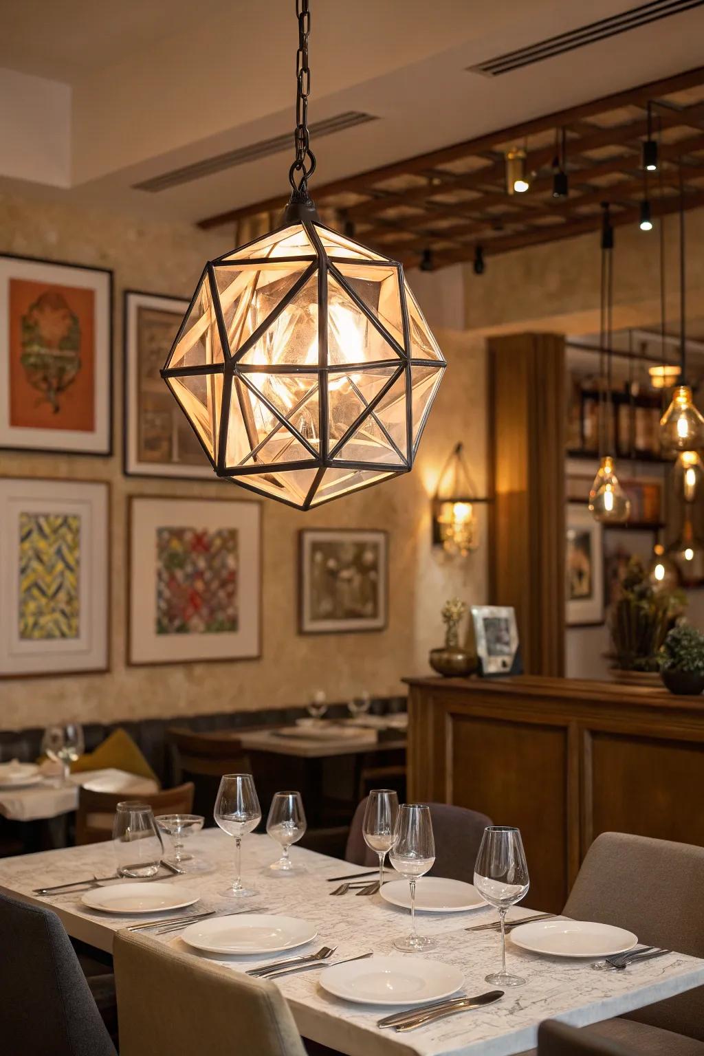 A geometric pendant lamp adding an artistic flair to a dining room.