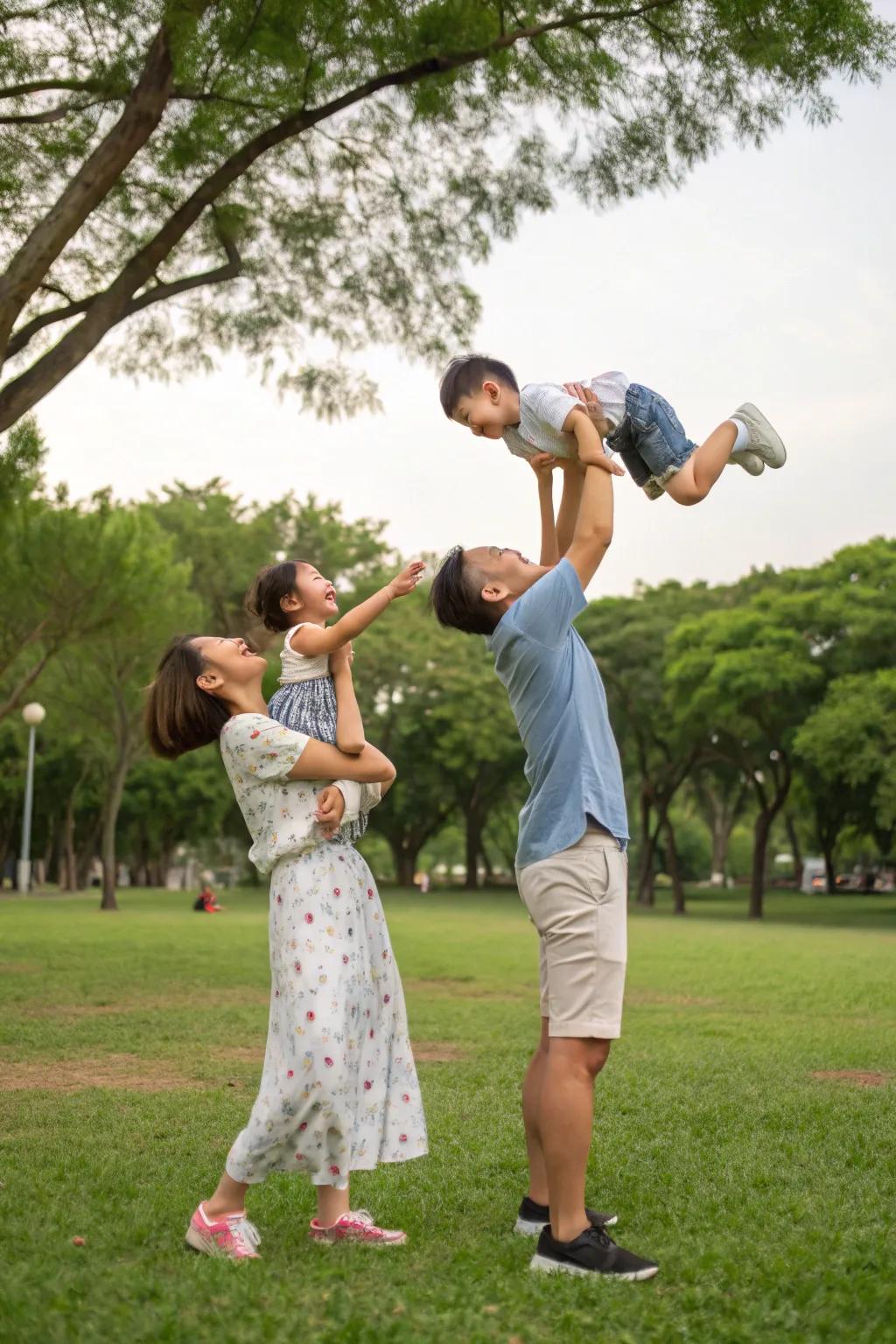 Playful interactions bring energy and joy to family photos.