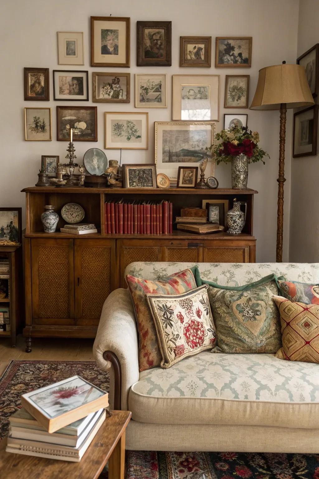 A vintage-themed credenza setup adds timeless charm.