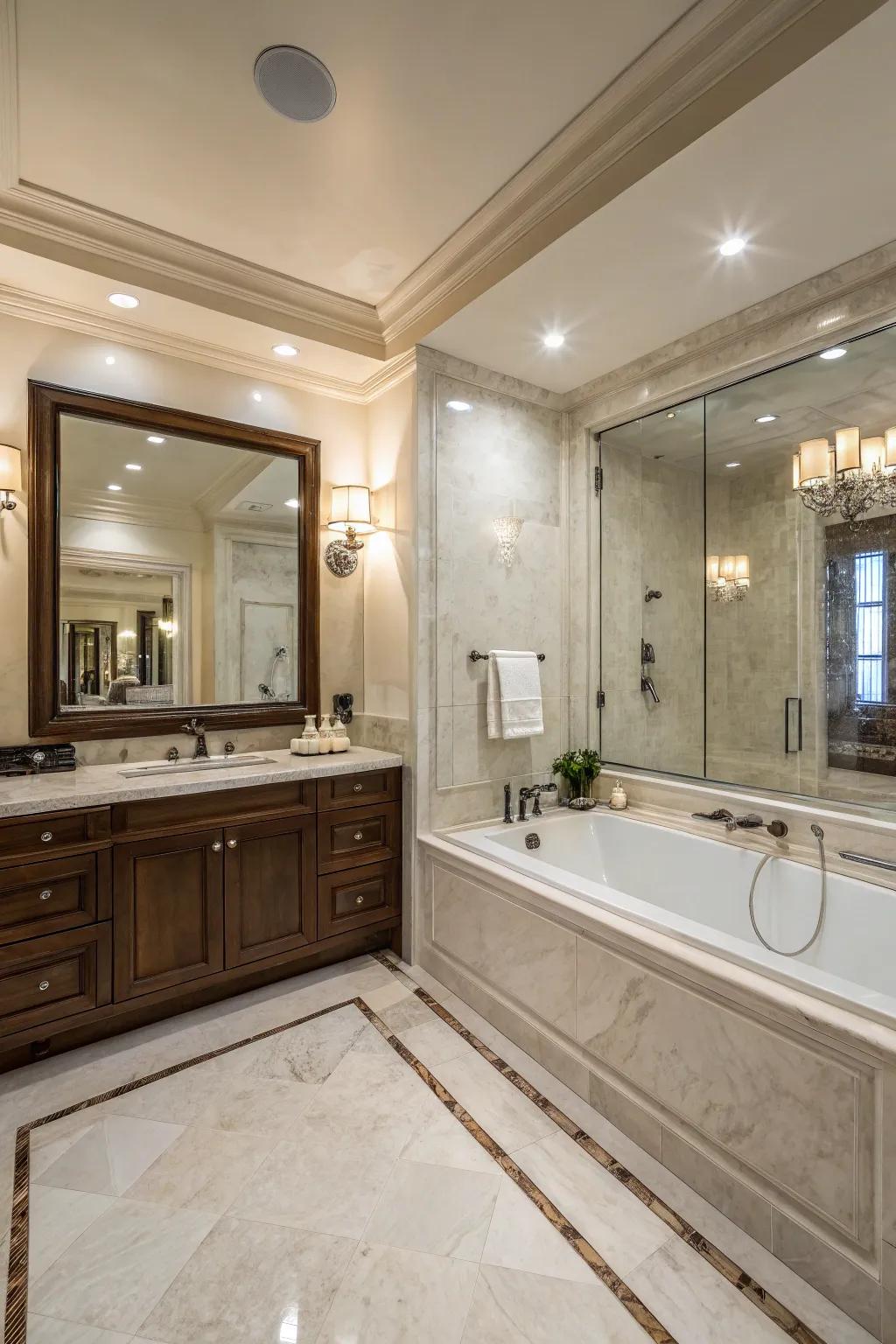 Combining a shower and bathtub in cultured marble creates a spa-like retreat.