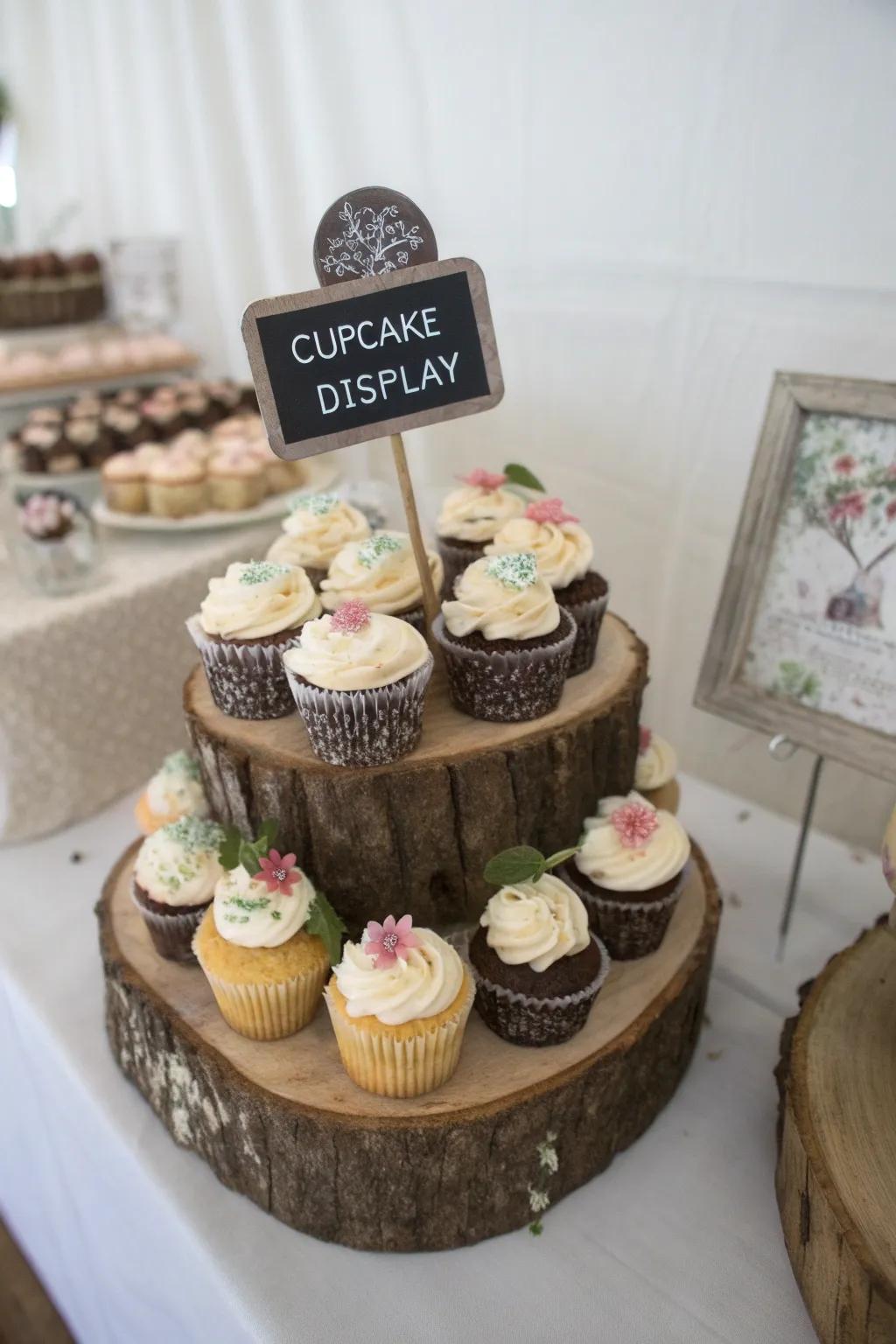 Personalized signs add a homemade touch to the cupcake display.