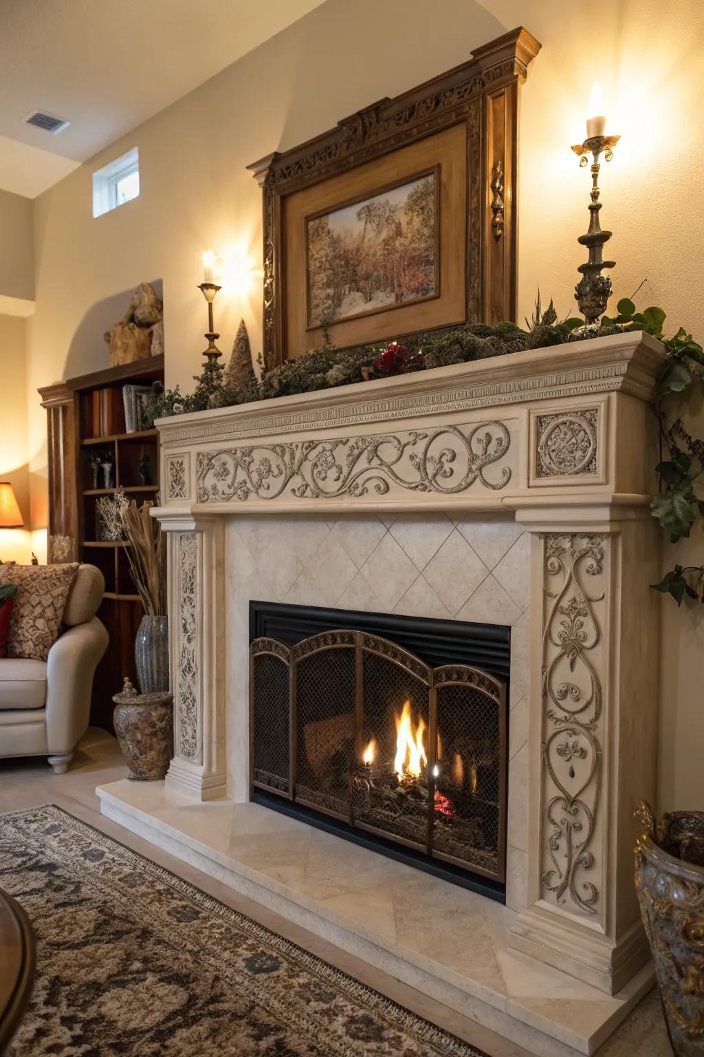 An artistic mantel that turns the fireplace into a striking focal point.