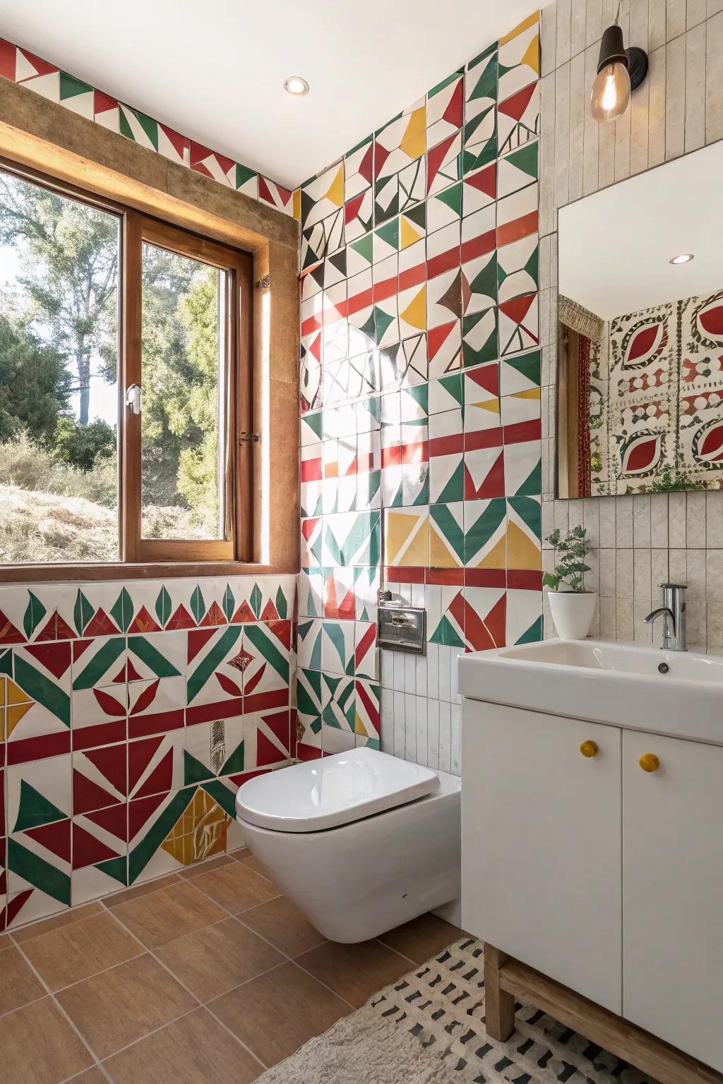 Patterned tiles add a creative and bold flair to your bathroom.