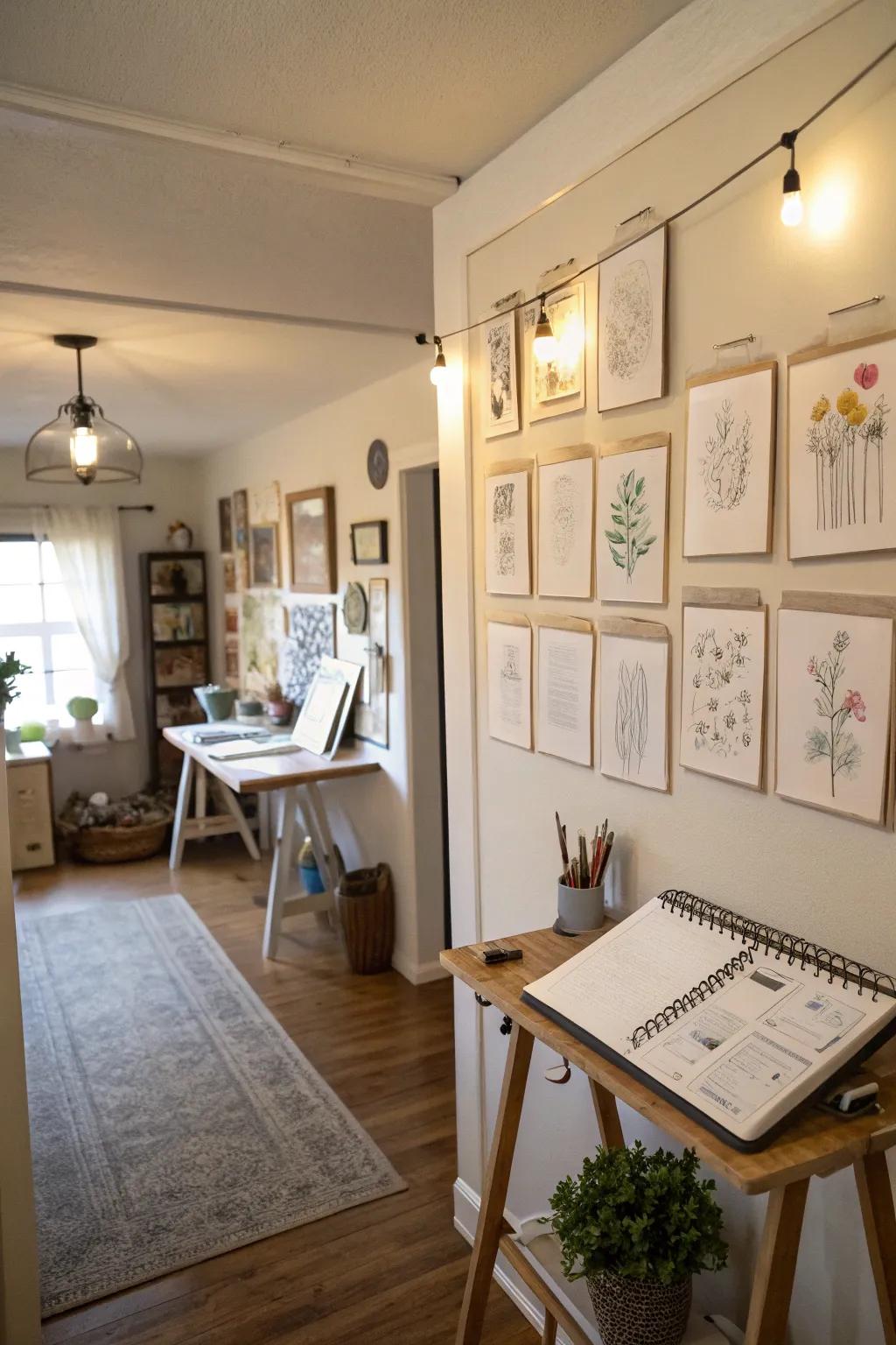 A sketchbook gallery adds an artistic vibe to a home studio.