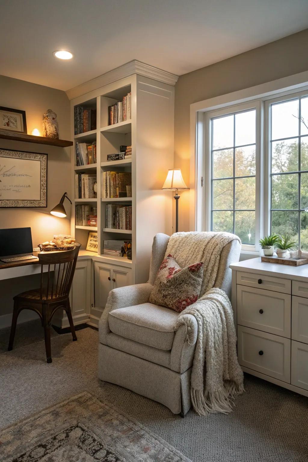 A cozy reading nook in a home office with a plush chair and soft lighting.