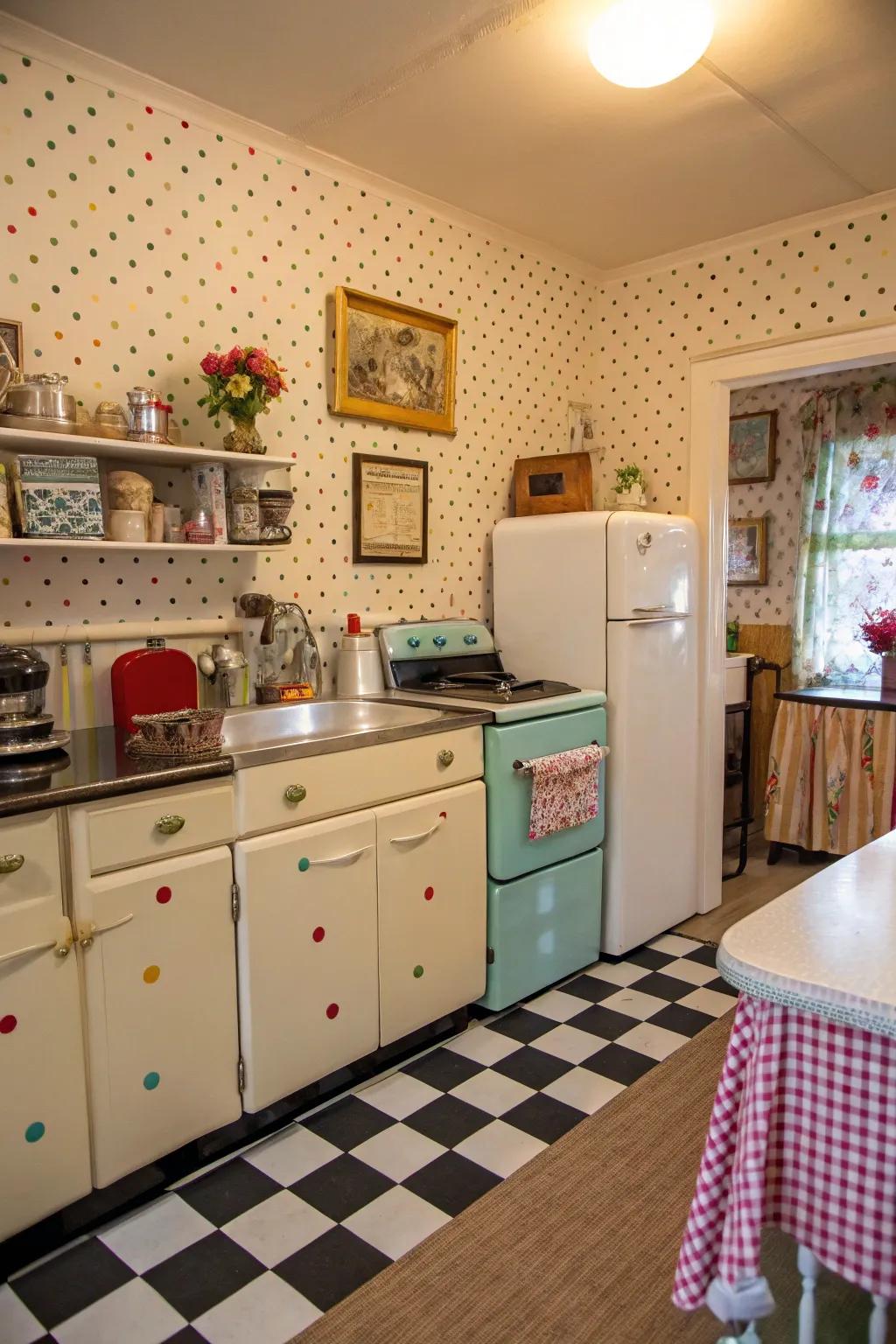 A kitchen with polka dot wallpaper, adding a retro and playful touch.