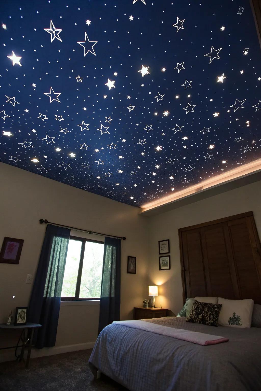 A whimsical starry night ceiling theme.