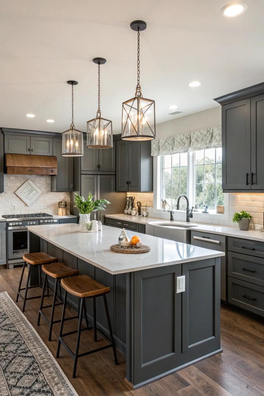 Pendant lighting enhancing the beauty of dark gray cabinets.