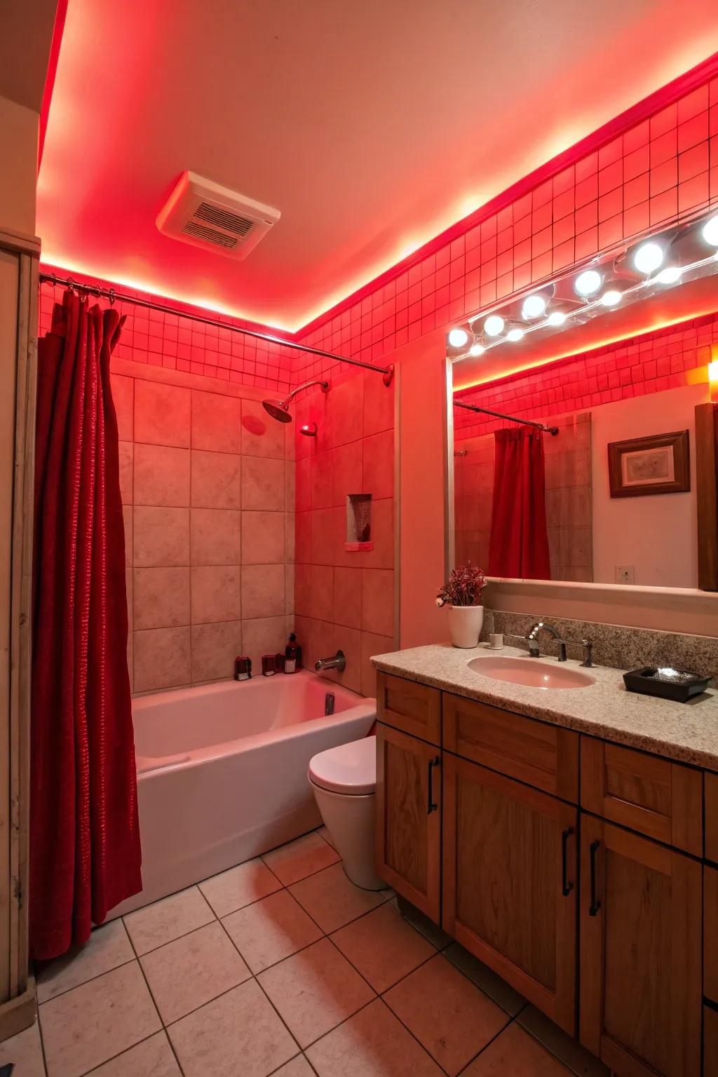 Red lighting fixtures create a warm and inviting ambiance.