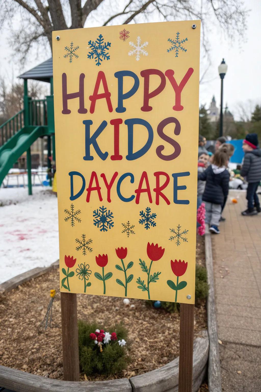 Seasonal decorations on the daycare sign add a touch of festivity and excitement.