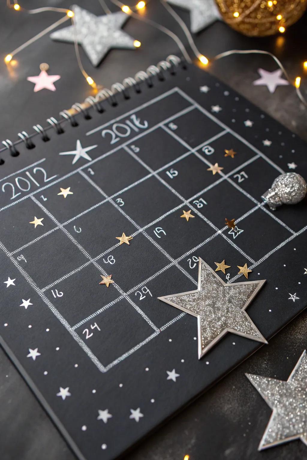 A magical starry night-themed chalkboard calendar.