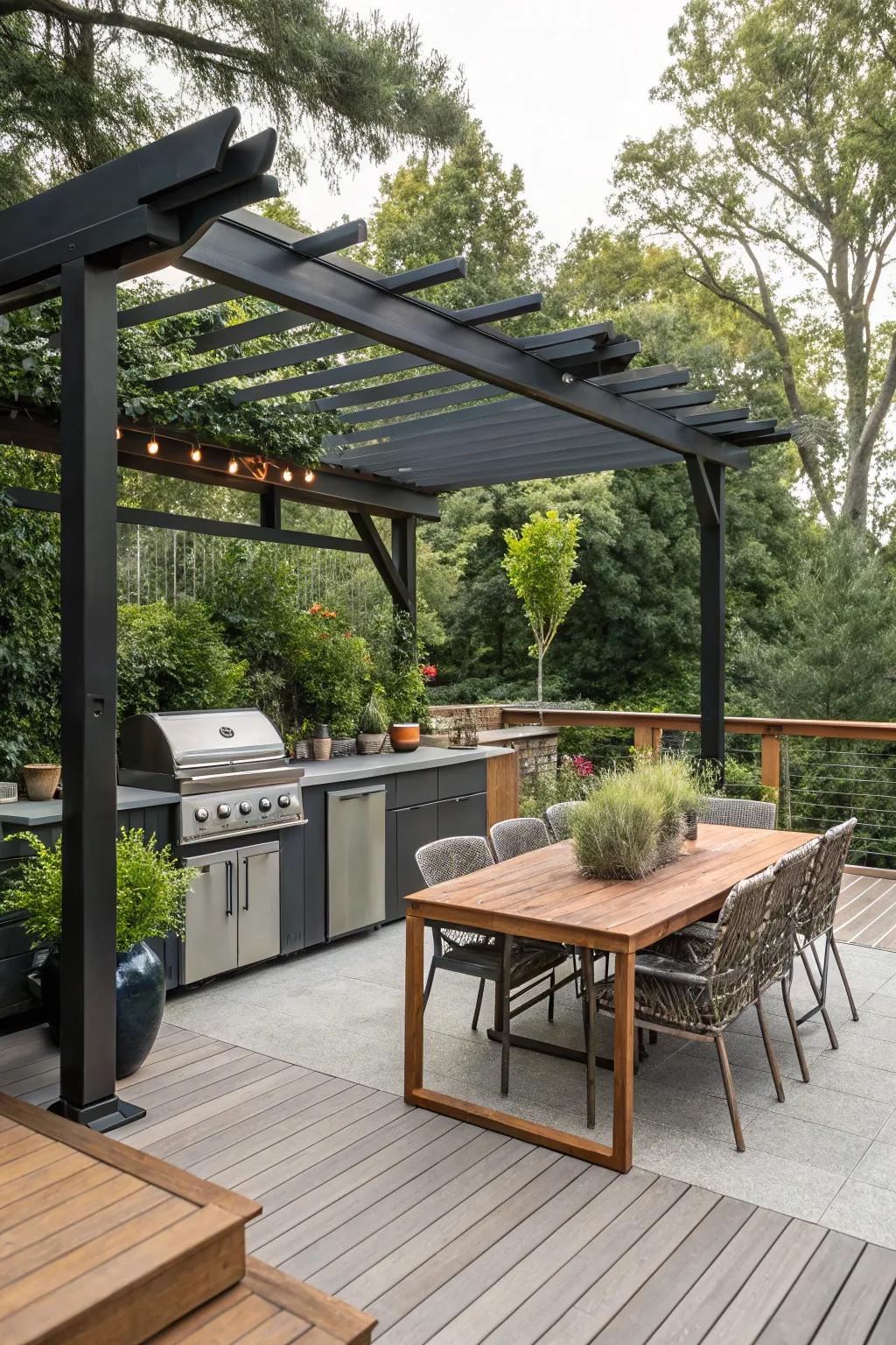 An outdoor kitchen under a pergola, ideal for culinary enthusiasts.