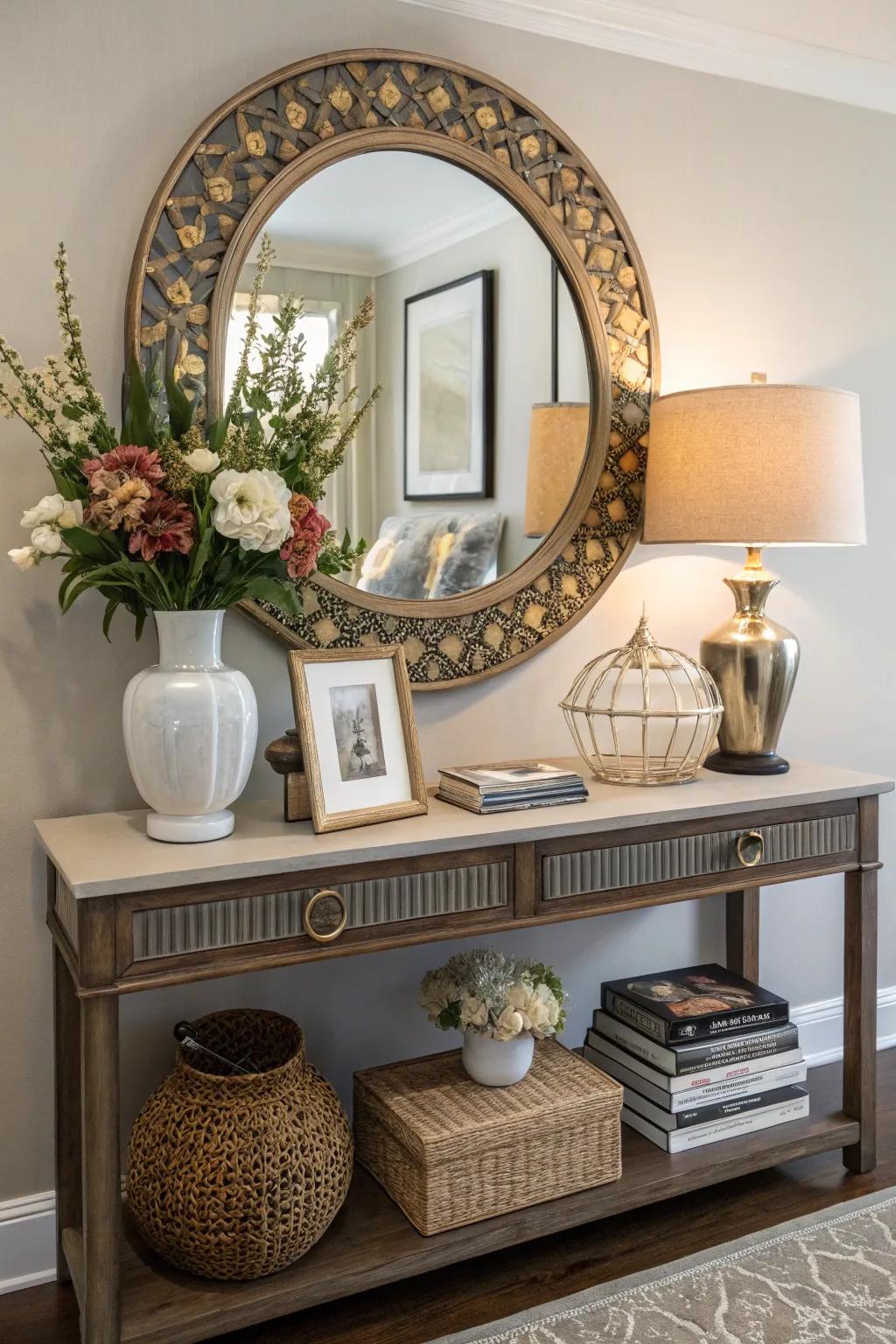 A mirror above a console table combines style with functionality.