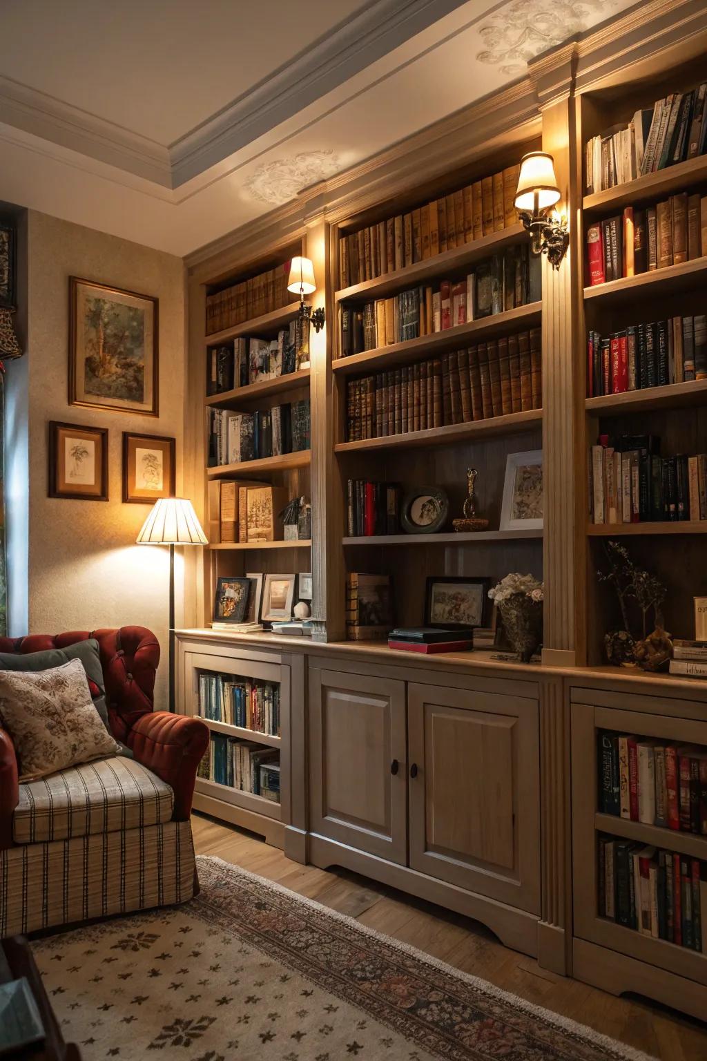 Bookshelves add both style and function to the den.