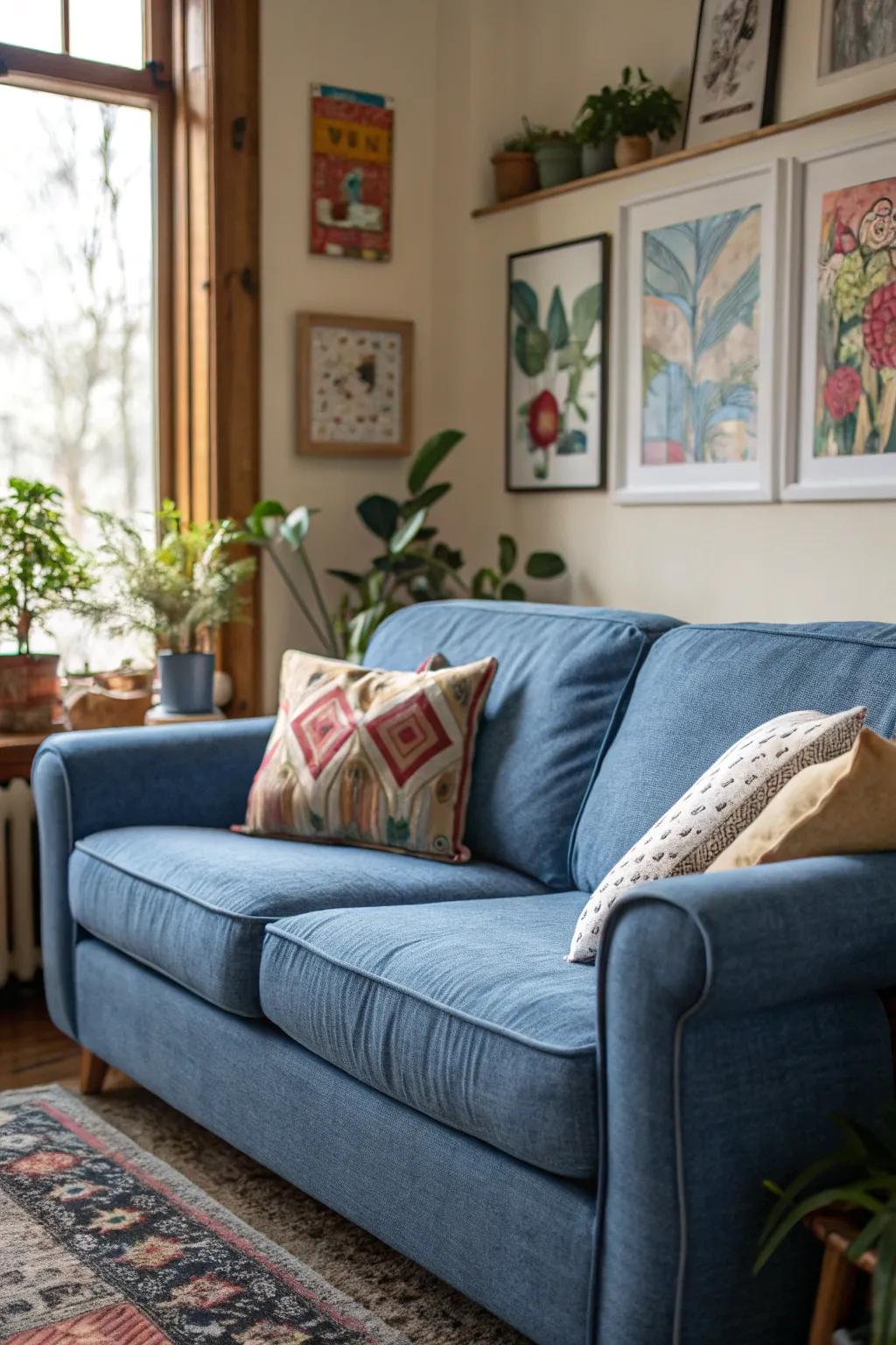 Decorative accents bring warmth to a denim blue sofa setting.