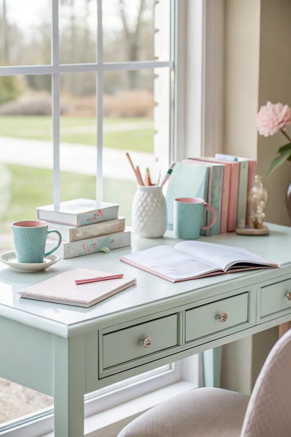 Neutral colors create a peaceful and focused workspace.