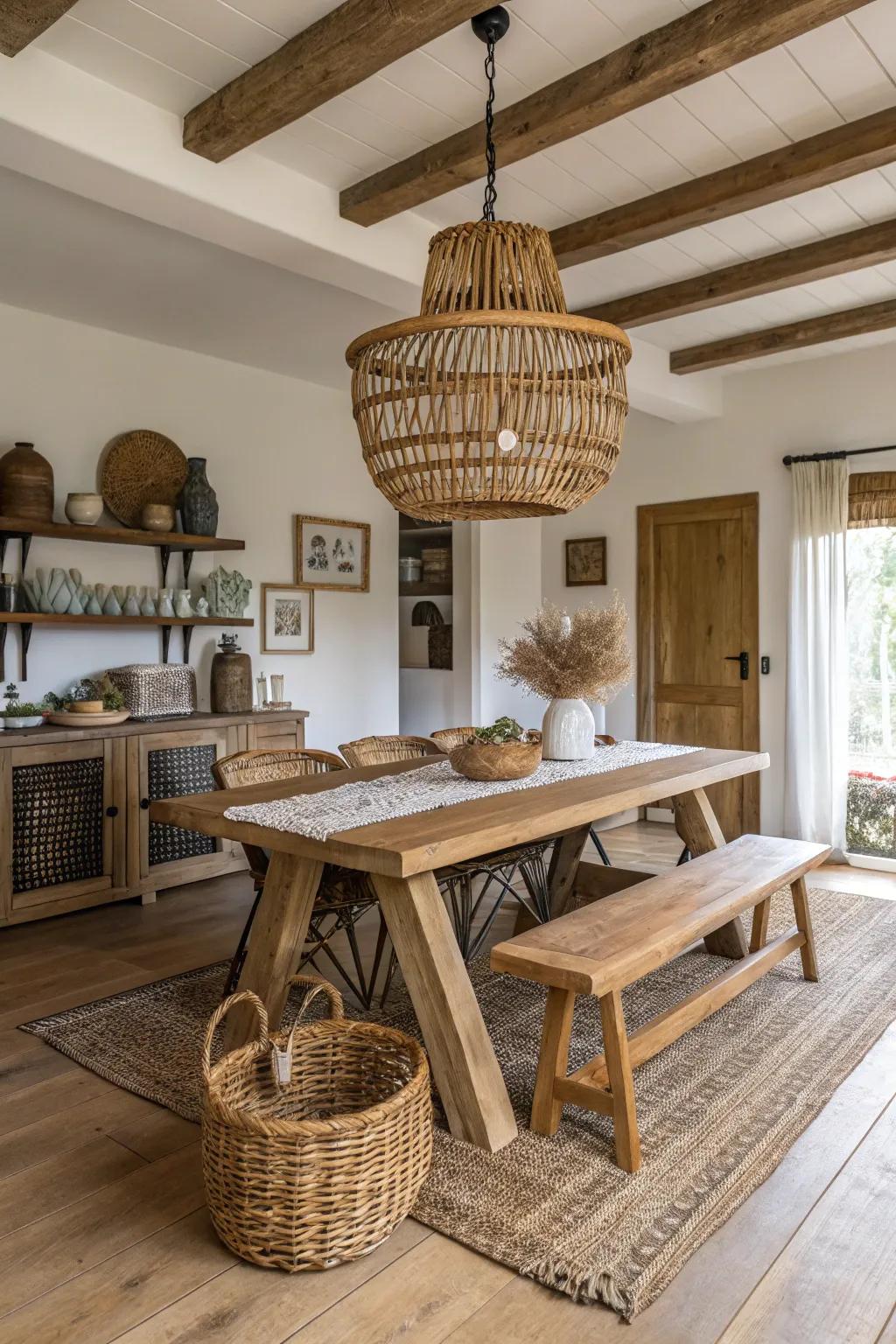 Wooden light fixtures add warmth and natural charm to this dining space.