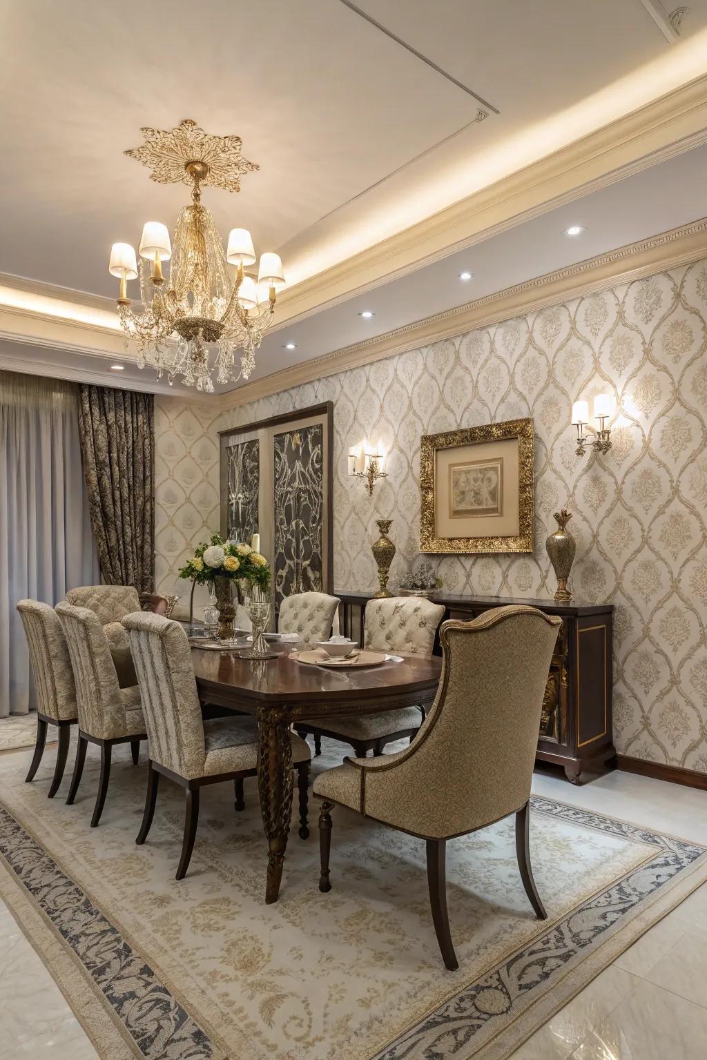 Harmonious coordination between wallpaper and dining room accents creates a unified look.