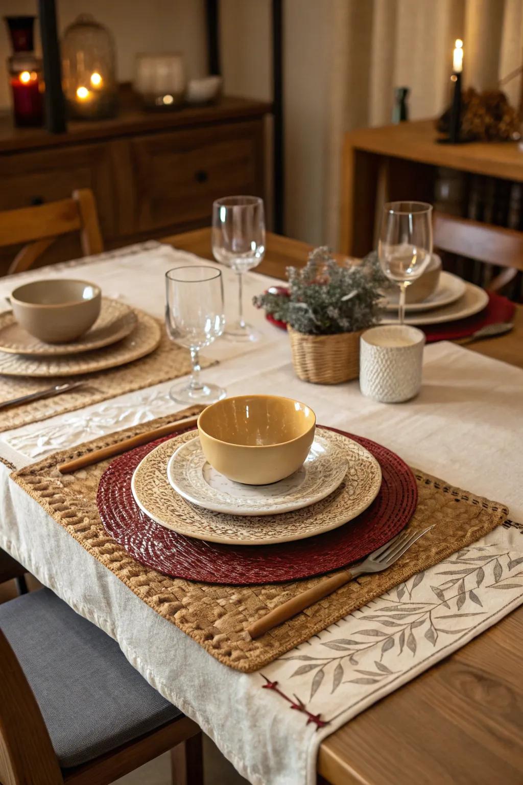 A dining table with layered table runners and textured placemats.