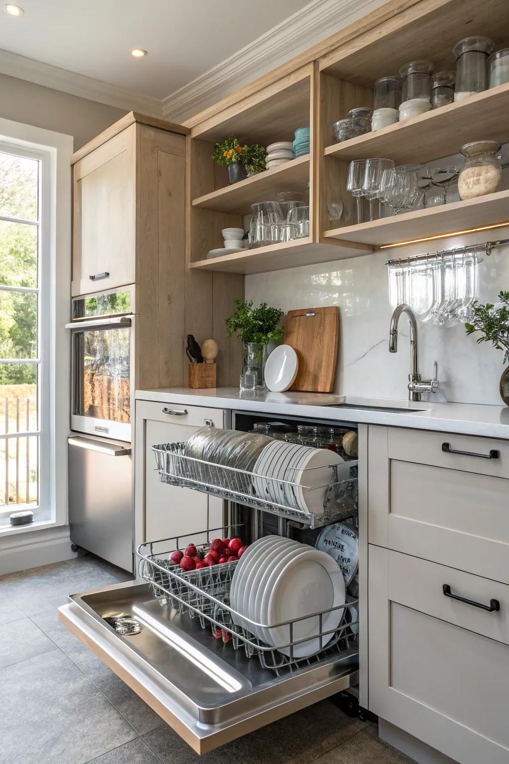 Open shelving provides easy access to dishes and kitchen items.