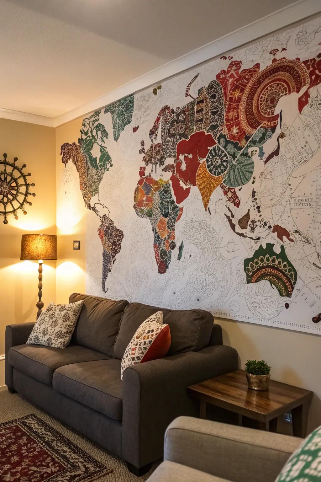 Artistic world map wall art showcasing global diversity.