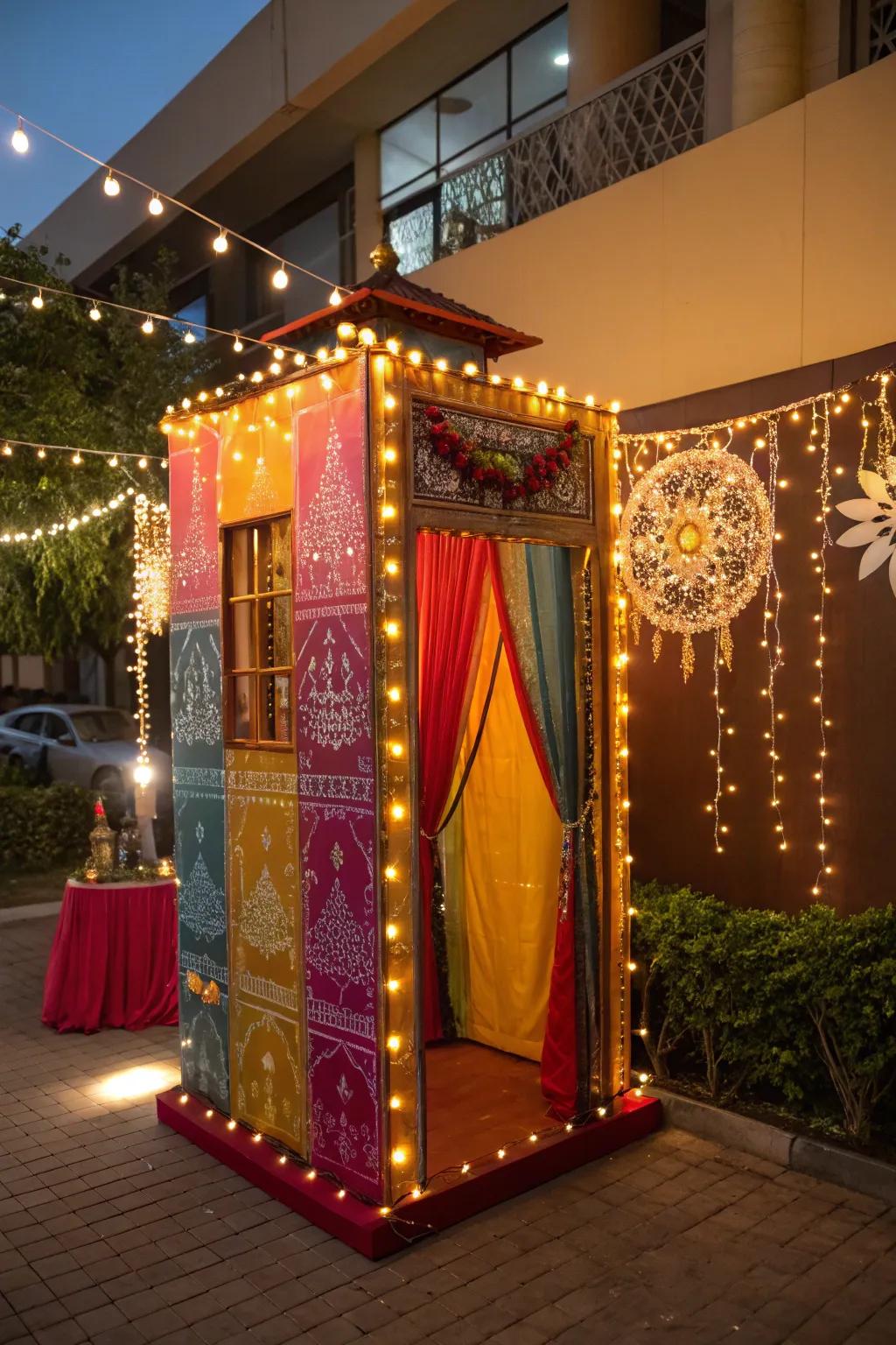 Twinkling string lights adding enchantment to the Diwali photo booth.