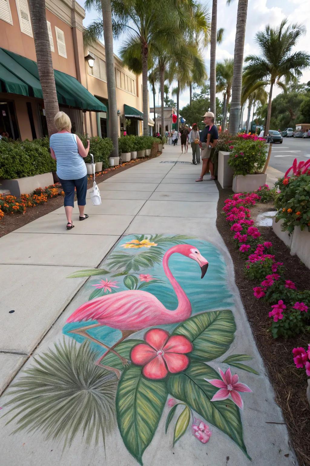 A 3D flamingo strides confidently in this dynamic chalk art piece.