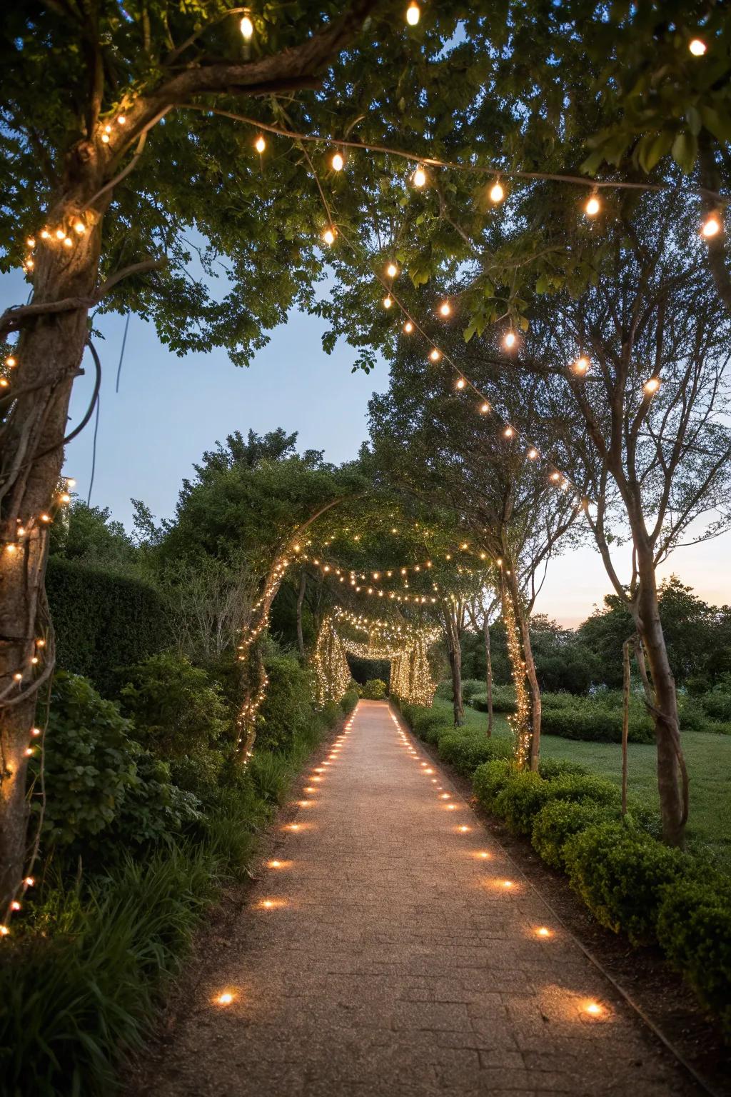 Fairy lights add a magical glow to the garden.