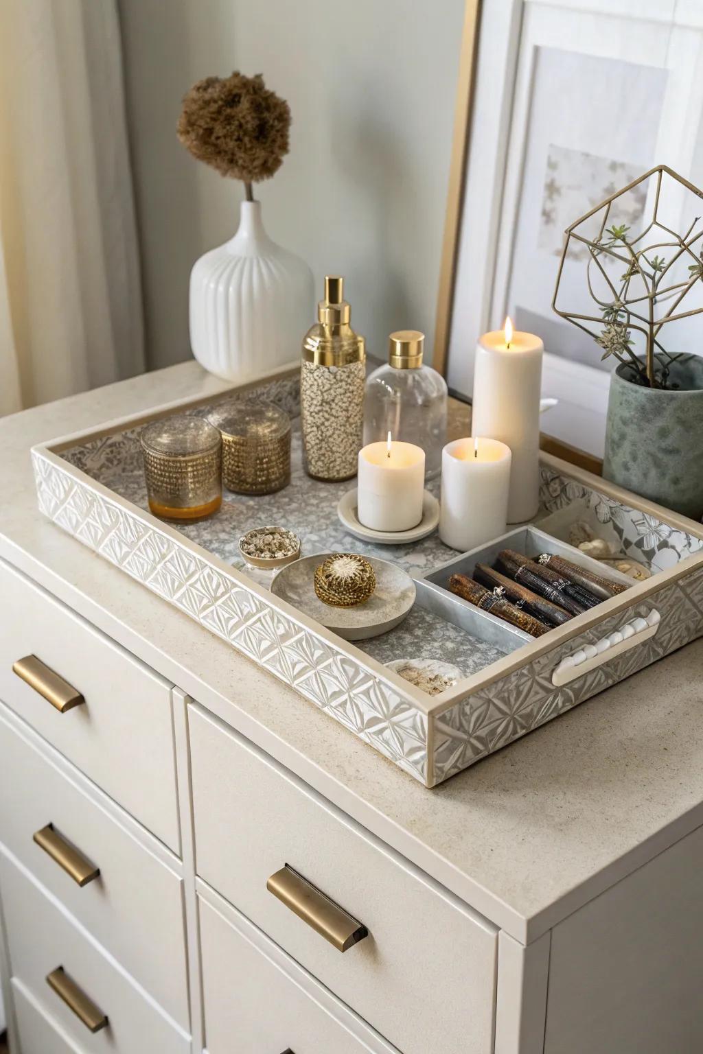 A tray organizes and elevates the decor on the dresser.