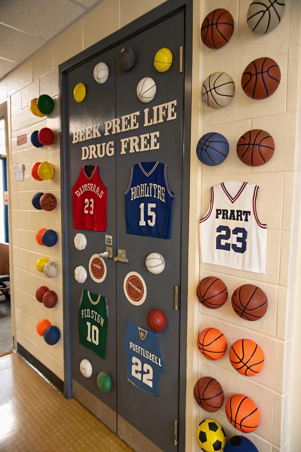 A sports-themed door decoration encouraging a drug-free life.